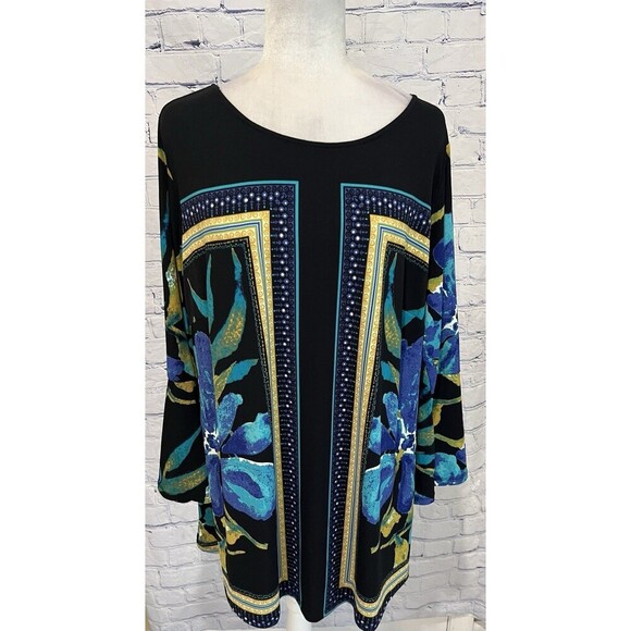 AVENUE Plus Size 18 Black Green Blue Floral Blouse Top Tunic - Picture 1 of 6
